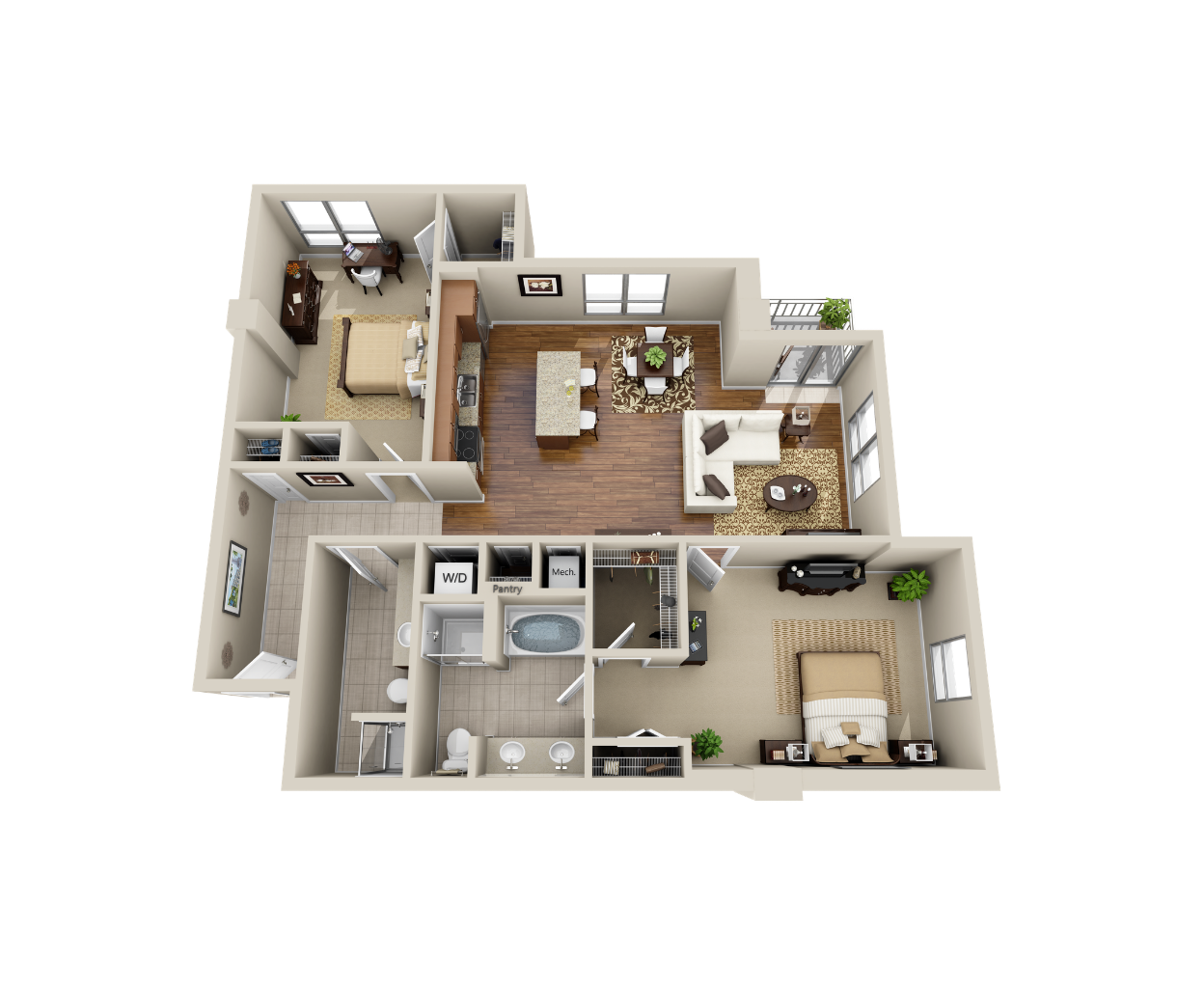 Floor plan for 2 beds, 2 baths, 1273 sqft